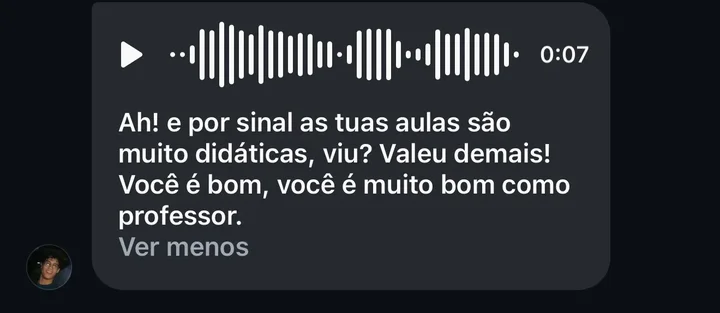 Áudio de aluno dizendo que as aulas são muito didáticas e que o Matheus é muito bom como professor.